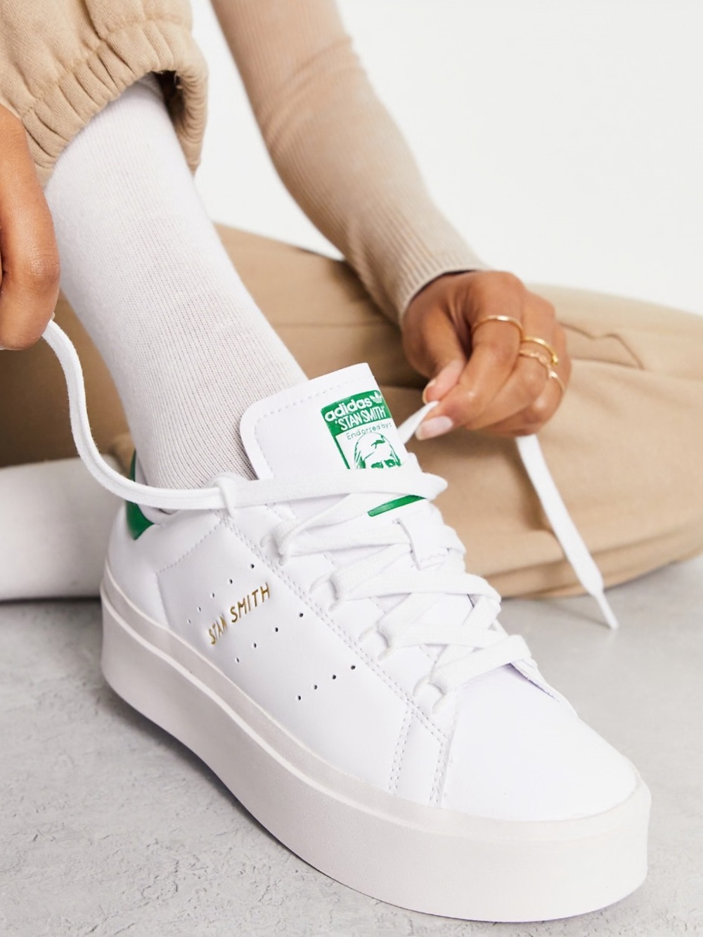 adidas Originals White Platform Sneakers with Green Accents